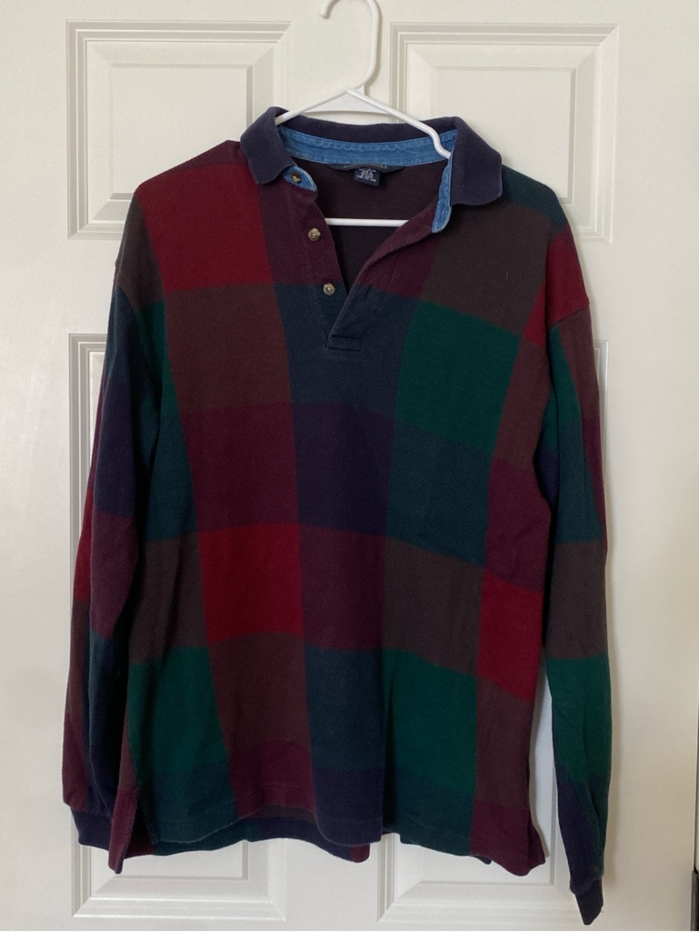 Lands' End Men's Long-Sleeve Plaid Rugby Shirt in Burgundy, Green, Navy